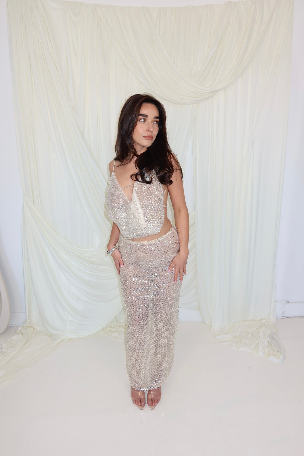 Sydney Lane Crystal Quartz Draped Top and Maxi Skirt